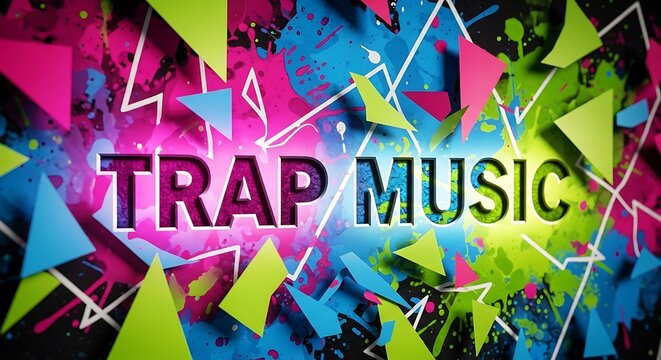Vibrant abstract background with trap music text in neon lights surrounded by geometric shapes and energetic splashes of color