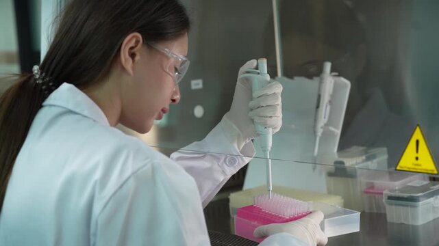 A female scientist in full protective gear works meticulously under a blue UV light in a biosafety cabinet, demonstrating strict safety protocols in a modern research laboratory.