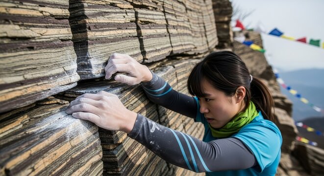 Asian female rock climber in athletic wear gripping textured sandstone cliff face with prayer flags visible in mountain background during outdoor bouldering session