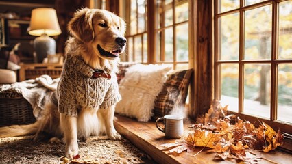 Golden retriever dog wearing a cozy knit sweater, sitting happily by a cabin window adorned with warm autumn leaves, a steaming hot mug nearby, embodying comfort and seasonal charm
