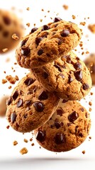 Stack of fresh cookies breaking apart and floating with crumbs in the air
