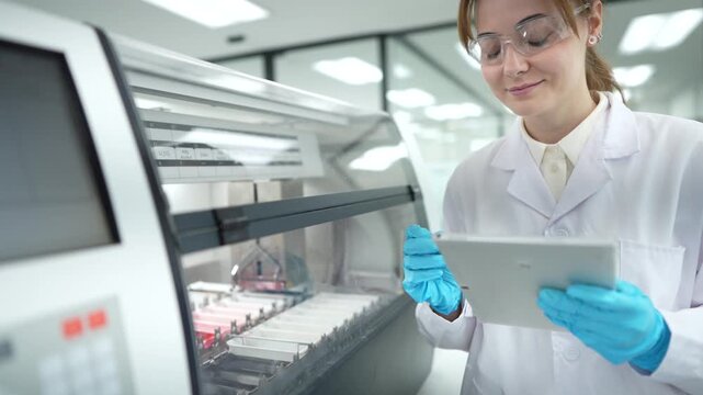 A histotechnologist operates an automated stainer, using a tablet to manage the protocol as slide racks with tissue samples move through a series of reagent baths for Hematoxylin and Eosin staining.