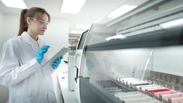 A researcher uses a tablet to select an AI-optimized protocol on a smart stainer. which uses IoT sensors to adjust reagent times in real-time for perfect tissue staining.