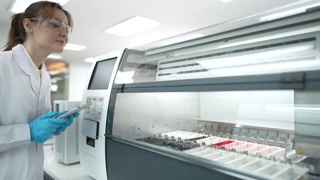 A histotechnologist operates an automated stainer, using a tablet to manage the protocol as slide racks with tissue samples move through a series of reagent baths for Hematoxylin and Eosin staining.