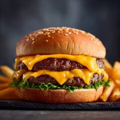 Indulge in the ultimate comfort food experience with this mouthwatering double cheeseburger piled high with juicy patties and melted cheese, perfectly paired with golden fries for a satisfying meal.