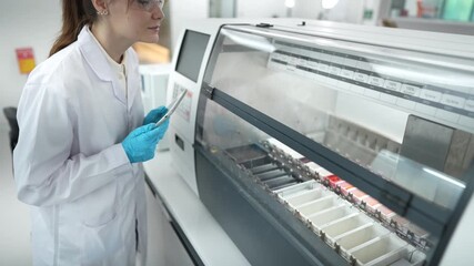 In a modern lab, a female scientist uses a tablet to monitor a large automated machine as it processes biological samples, combining human oversight with technological efficiency. - Powered by Adobe