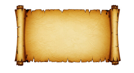 Vintage blank unrolled parchment scroll with tattered edges. Isolated on transparent background, png