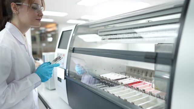 A histotechnologist operates an automated stainer, using a tablet to manage the protocol as slide racks with tissue samples move through a series of reagent baths for Hematoxylin and Eosin staining.
