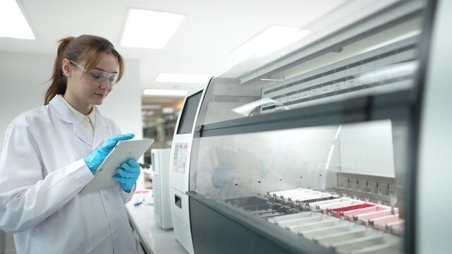 A histotechnologist operates an automated stainer, using a tablet to manage the protocol as slide racks with tissue samples move through a series of reagent baths for Hematoxylin and Eosin staining.