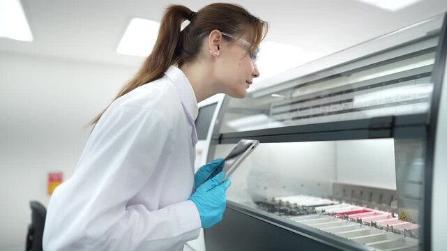 A researcher uses a tablet to select an AI-optimized protocol on a smart stainer. which uses IoT sensors to adjust reagent times in real-time for perfect tissue staining.