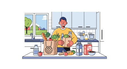 Cheerful man unloads groceries in a bright modern kitchen, promoting healthy lifestyle choices and domestic bliss showing a daily routine fulfillment