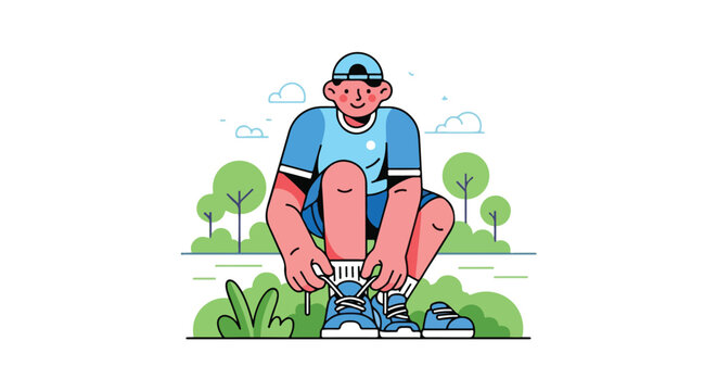 Illustration of a sporty man squatting down to tie his shoelaces before running in a park setting with trees and clouds