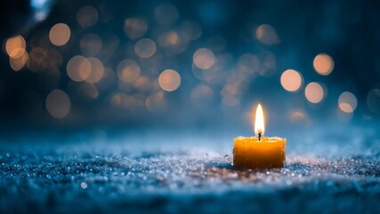 Warm glowing candle illuminating sparkling snow with festive bokeh lights in a peaceful winter night, symbolizing hope and tranquility. - Powered by Adobe