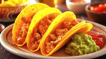 Surreal Cinematic Air Fryer Chicken Tacos Dorados Golden Crispy Tortillas with Emerald Guacamole & Spicy Salsa in a Dreamlike Mexican Food Scene