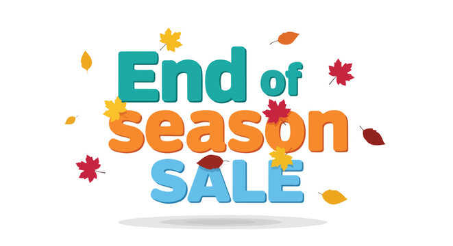Festive end of season sale announcement with autumn foliage elements and colorful bold typography for promotional banners and advertisements