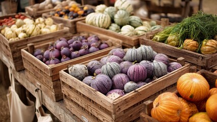 Farmers market stand filled with a vibrant assortment of fresh organic gourds, squashes, and other autumn produce harvested for sale in rustic wooden crates
