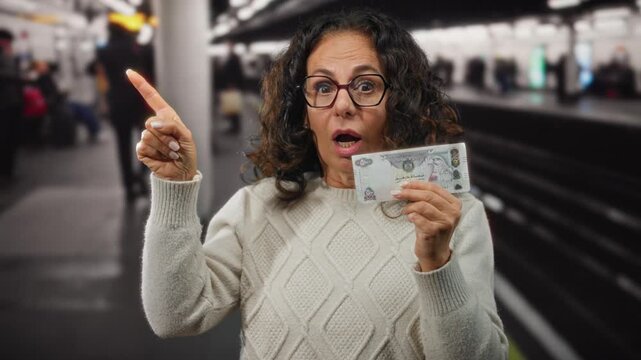 Middle-aged woman indoors at a train station in the uae holds and points to a dirham banknote with a surprised expression, surrounded by blurred commuters.