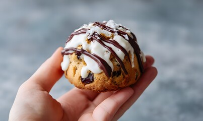 christmas pudding biscuit, white and dark chocolate, hand holding it up