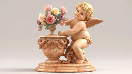 Mischievous Cherub Toppling Floral Vase | Classical Putto Sculpture 3D Render | Baroque Art, Whimsical Angel, Mythological Fantasy