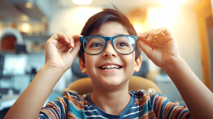 Thrilled Boy Sees Clearly! First Glasses, Pure Childhood Joy & Discovery in Modern Eye Clinic, Happy Child Vision Care