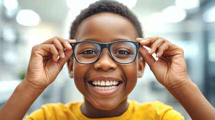 Vibrant Joy African American Boy's First Glasses Discovery & Vision Clarity Breakthrough in Modern Clinic
