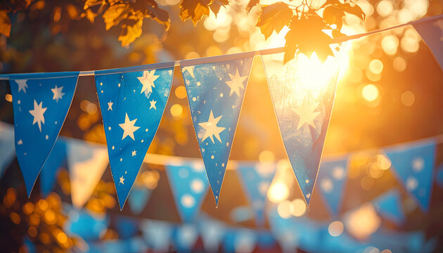 Festive blue bunting flags hanging outdoors in golden sunlight.