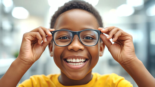 Vibrant Joy African American Boy's First Glasses Discovery & Vision Clarity Breakthrough in Modern Clinic - Powered by Adobe