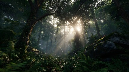 Sunbeams pierce dense jungle canopy, illuminating lush green foliage and ancient trees in a mystical, serene forest atmosphere.