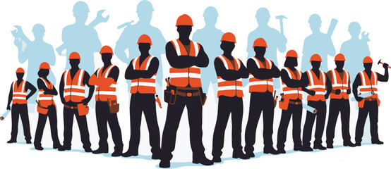 Stylized Silhouette Group of Construction Workers in Orange Vests