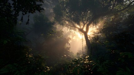 Obraz premium Misty forest, sunlit trees, foggy landscape, natural scenery