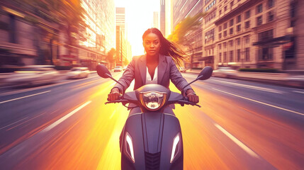 Determined Young African American Woman Riding Electric Scooter in Golden Hour City, Urban Commuter & Sustainable Transport