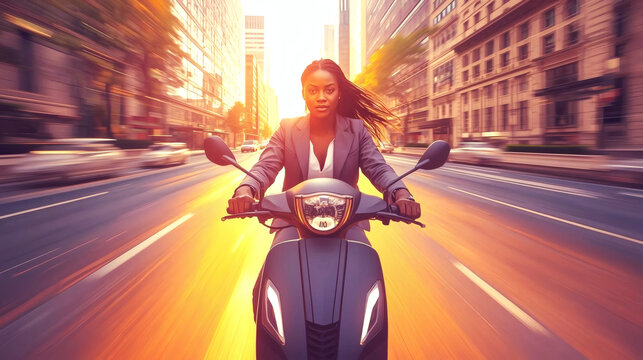 Determined Young African American Woman Riding Electric Scooter in Golden Hour City, Urban Commuter & Sustainable Transport - Powered by Adobe