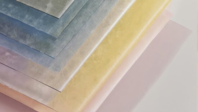 Close-up of layered translucent pastel colored paper sheets arranged in a descending diagonal