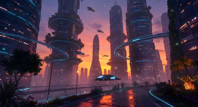 Futuristic Cityscape with Tall Skyscrapers Neon Lights Hover Cars Sunset - Powered by Adobe