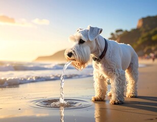 A delightful white dog laps up water from a tranquil beach at golden hour.