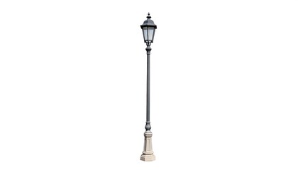 A classic, dark gray street lamp post with a light beige stone base stands tall against a plain white background.