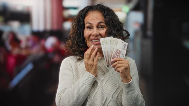 Woman holding taiwan dollars on a busy city street, expressing surprise while showcasing taiwanese banknotes outdoors, capturing an urban financial moment.