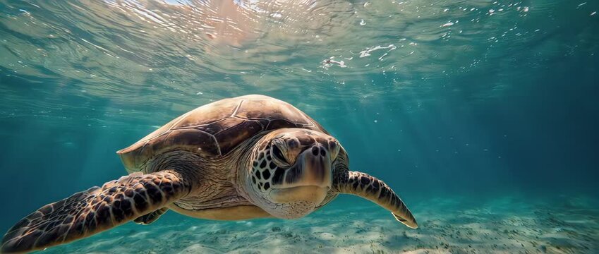 A serene underwater scene of a sea turtle gliding gracefully in a sunlit turquoise ocean. The light creates beautiful caustic patterns. Evokes peace, tranquility, and marine life conservation.