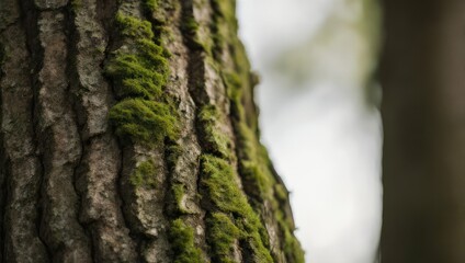 Obraz premium Natural Tree Bark Texture with Green Moss, Close-up of Forest Wood Surface for Environmental and Organic Design Backgrounds