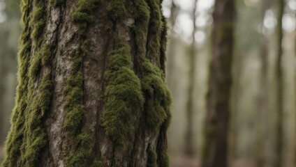 Obraz premium Close-up of tree trunk covered in moss, with blurry forest background