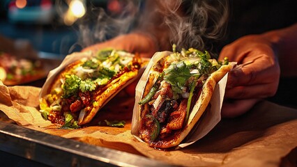 Vendor's hands presenting two freshly prepared, steaming mexican street tacos filled with savory meat, cilantro, and onions, sitting on rustic paper, highlighting authentic fast food culture