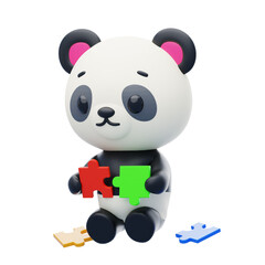 Panda Putting Together The Puzzle 3D Character Illustration.