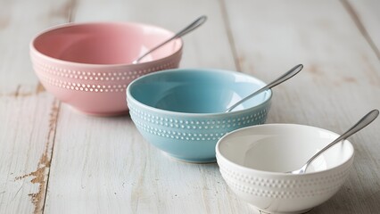 Pastel Colored Bowls with Spoons on Rustic White Wood