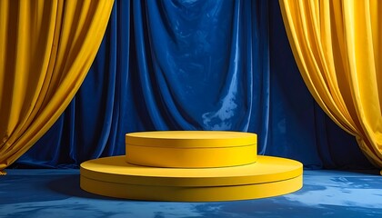 Two-tiered, circular yellow podium stands against a backdrop of rich blue and gold velvet curtains, creating a dramatic and stylish presentation space.