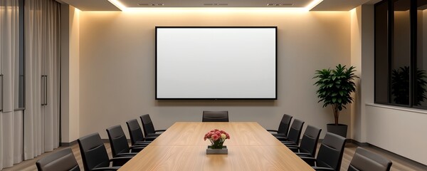 Modern conference room with a large blank screen, ready for presentations or meetings. The space is equipped with chairs, a table, and some decorative plants.