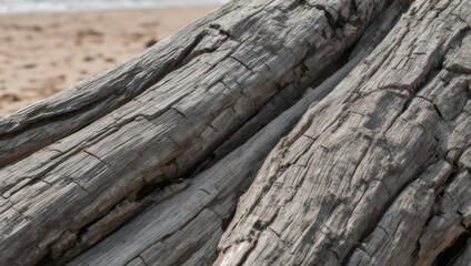 Close-up weathered wood against a blurry sandy beach and ocean, showing intricate texture
