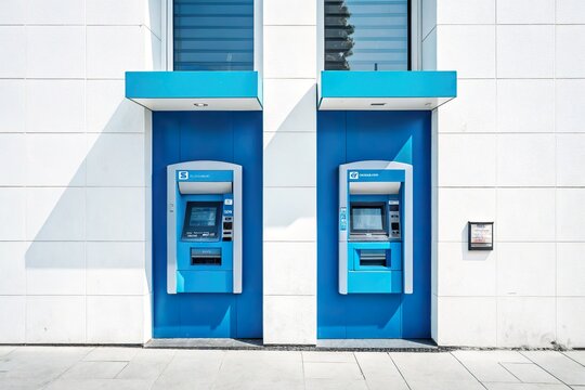 Two modern ATMs against a sleek white wall, showcasing urban banking technology in a quiet setting