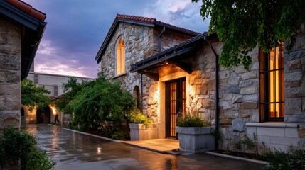 Charming Stone Building with Warm Lights at Twilight in Garden Setting
