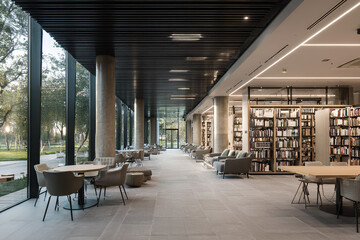 Modern library interior with bookshelves and comfortable seating areas