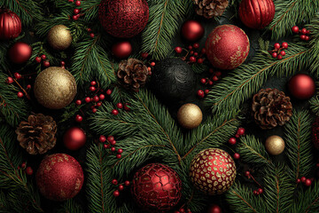 Festive Christmas decorations with pine branches and colorful ornaments